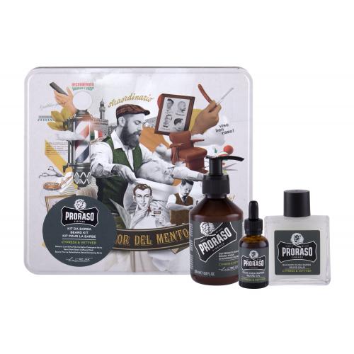 PRORASO Cypress  Vetyver Beard Wash darčeková kazeta pre mužov šampón na fúzy 200 ml  balzam na fúzy 100 ml  olej na fúzy 30 ml  plechová dóza