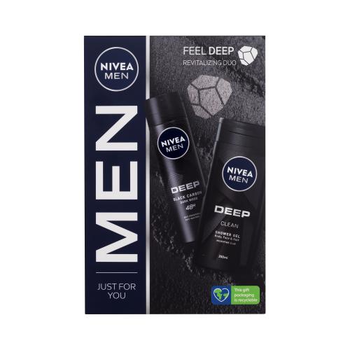 Nivea Men Deep Revitalizing Duo darčeková kazeta pre mužov sprchovací gél Deep Clean 250 ml  antiperspirant sprej Deep Black Carbon 150 ml