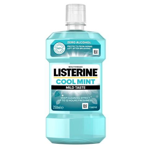 Listerine Cool Mint Mild Taste Mouthwash 250 ml ústna voda bez alkoholu pre svieži dych a ochranu pred zubným povlakom unisex