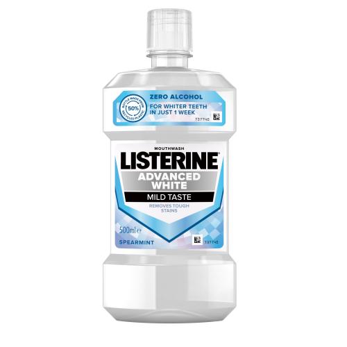 Listerine Advanced White Mild Taste Mouthwash 500 ml osviežujúca a bieliaca ústna voda bez alkoholu unisex