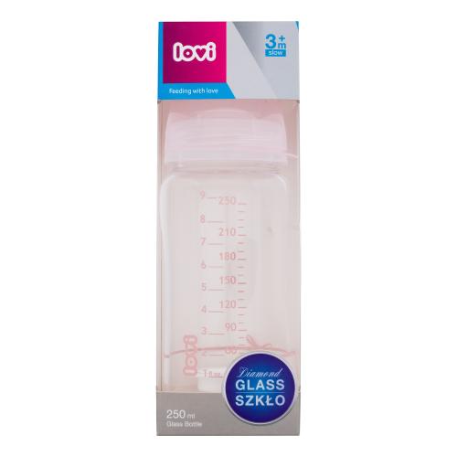 LOVI Baby Shower Glass Bottle Pink 3m 250 ml sklenená fľaša s dynamickým cumlíkom pre deti