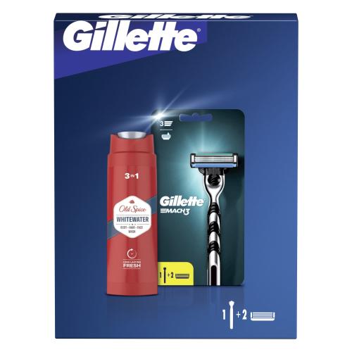 Gillette Mach3 darčeková kazeta pre mužov holiaci strojček 1 ks  náhradná hlavica 1 ks  sprchovací gél a šampón Old Spice Whitewater 3in1 250 ml