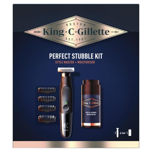 Gillette King C. Style Master Kit darčeková kazeta pre mužov zastrihávač fúzov Style Master 1 ks  náhradná hlavica 3 ks  hydratačný krém King C Gillette 100 ml