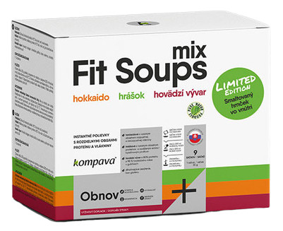 kompava Fit Soups Mix instantné polievky 2 druhy, vrecká 9x35 g  darček smaltovaný hrnček, 1x1 set