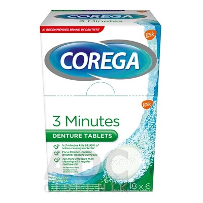 COREGA 3 Minutes denture tablets antibakteriálne čistiace tablety 18 x 6 kusov