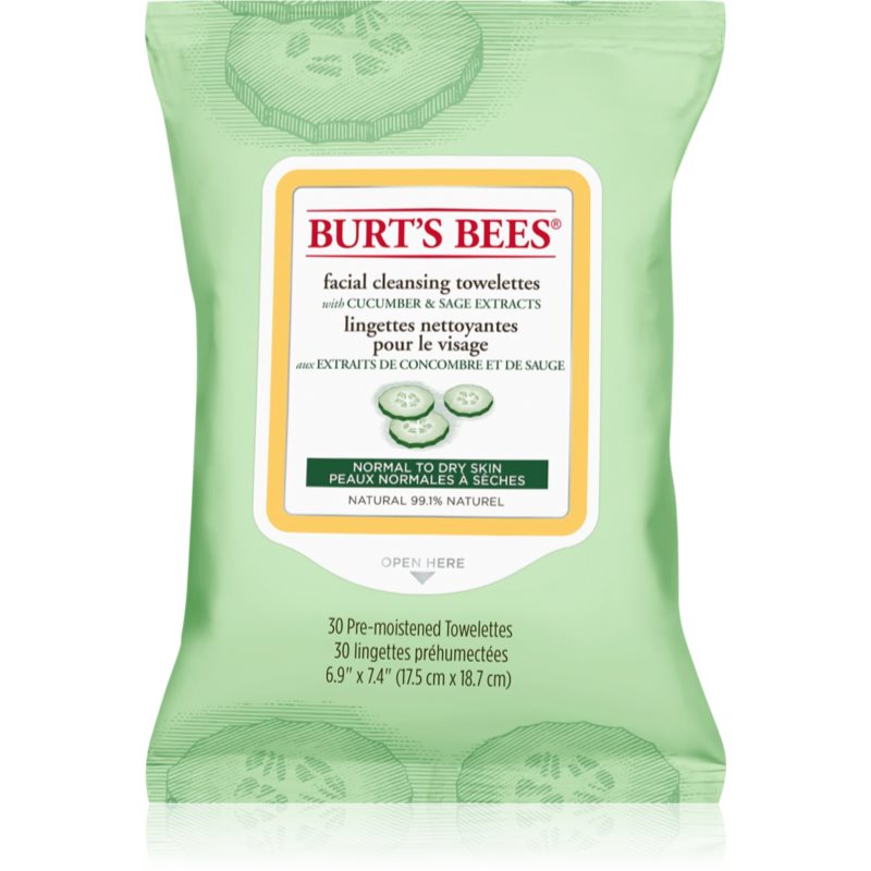 Burt’s Bees Cucumber  Sage čistiace a odličovacie obrúsky pre normálnu až suchú pleť 30 ks
