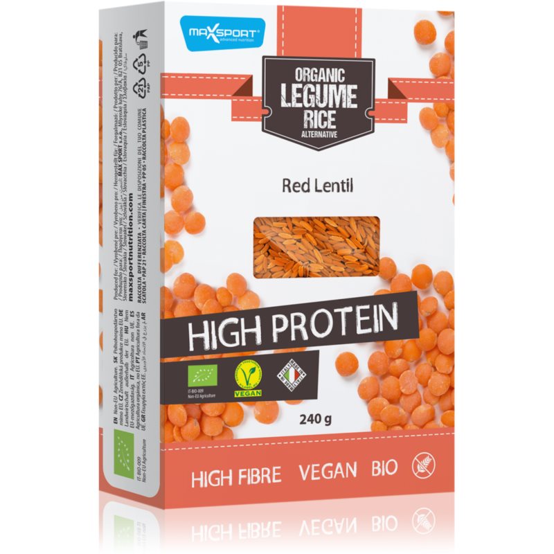 Max Sport Organic Legume Rice Red Lentil proteínové cestoviny 240 g