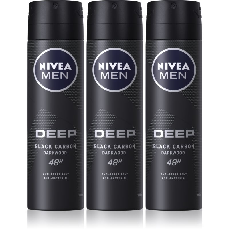 Nivea Men Deep Black Carbon Darkwood antiperspirant v spreji 3 x 150 ml (výhodné balenie) pre mužov