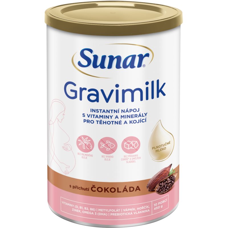 Sunar Gravimilk s príchuťou čokoláda rozpustný mliečny nápoj v prášku obohatený o vitamíny a minerálne látky pre tehotné a dojčiace ženy 450 g