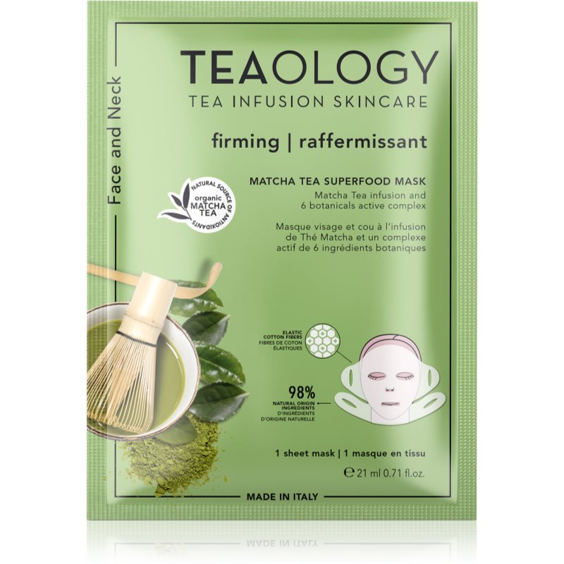 Teaology Face Mask Matcha Tea Superfood spevňujúca plátenková maska na kontúry tváre s matchou 21 ml