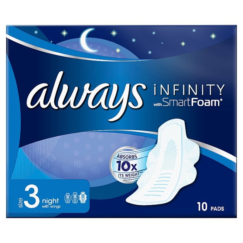 Always Infinity Night (Size 3) Hygienické Vložky Krídelká 10 Revolučná Technológia Always Best Comfort  Protection Vložky