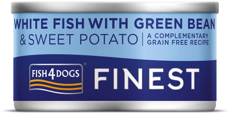 FISH4DOGS Konzerva pre psy Finest s bielou rybou, sladkými zemiakmi a zelenými fazuľkami 85g