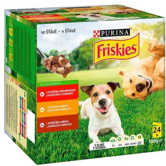 FRISKIES ADULT Dog Multipack 4(24x100g) - hovädziekurajahňacie v šťave