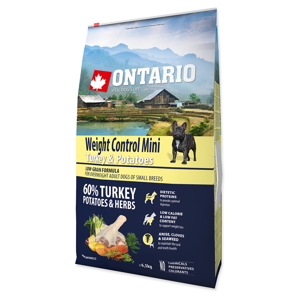 ONTARIO Dog Mini Weight control turkey  potatoes granule pre psov 1 ks, Hmotnosť balenia (g): 6,5 kg