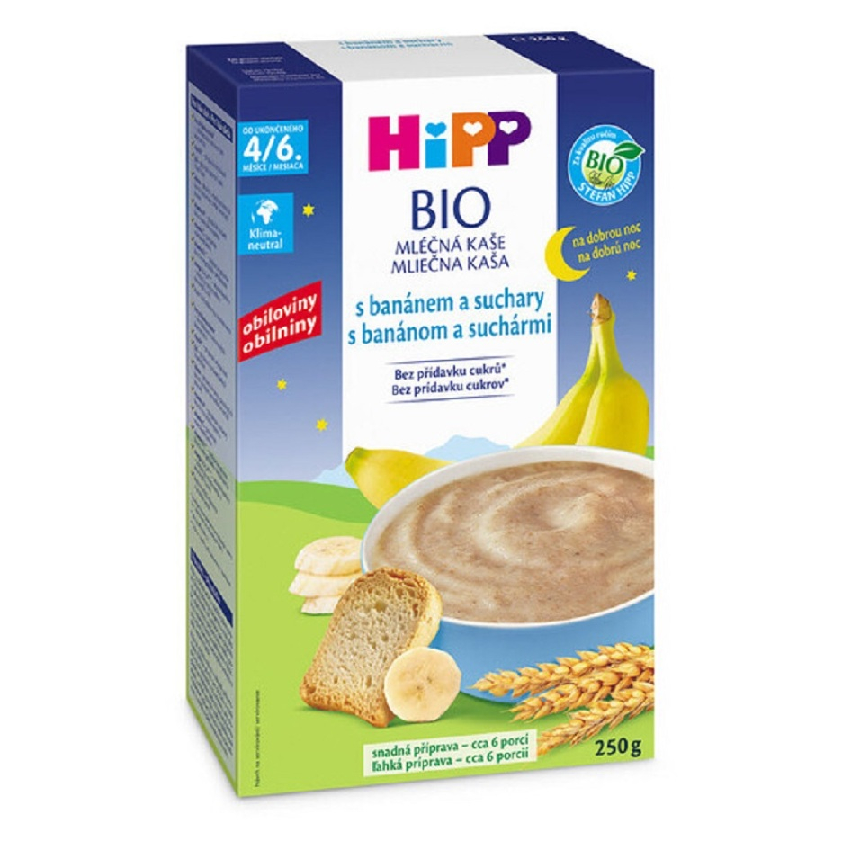 HIPP BIO Mliečna kaša na dobrú noc s banánom a suchármi od ukončeného 4.6. mesiace veku 250 g