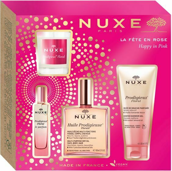 NUXE Happy in Pink Multifunkčný olej 100 ml  sprchový gél 100 ml  parfumovaná voda 15 ml  vonná sviečka 70 g Darčekové balenie
